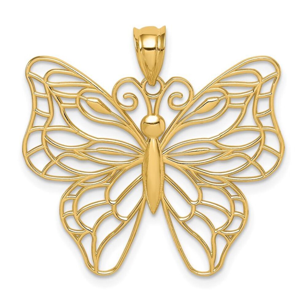 14k Yellow Gold Large Open Butterfly Pendant, 30mm